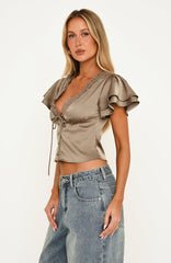 What We Don't Know Lace Trim Satin Short Sleeve Top Mocha